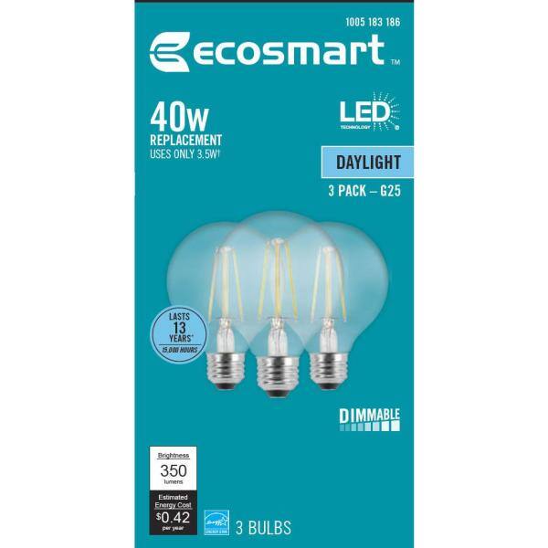 EcoSmart 40-Watt Equivalent G25 Globe Dimmable ENERGY STAR Clear Glass Filament LED Vintage Edison Light Bulb Daylight (3-Pack) FG-03398