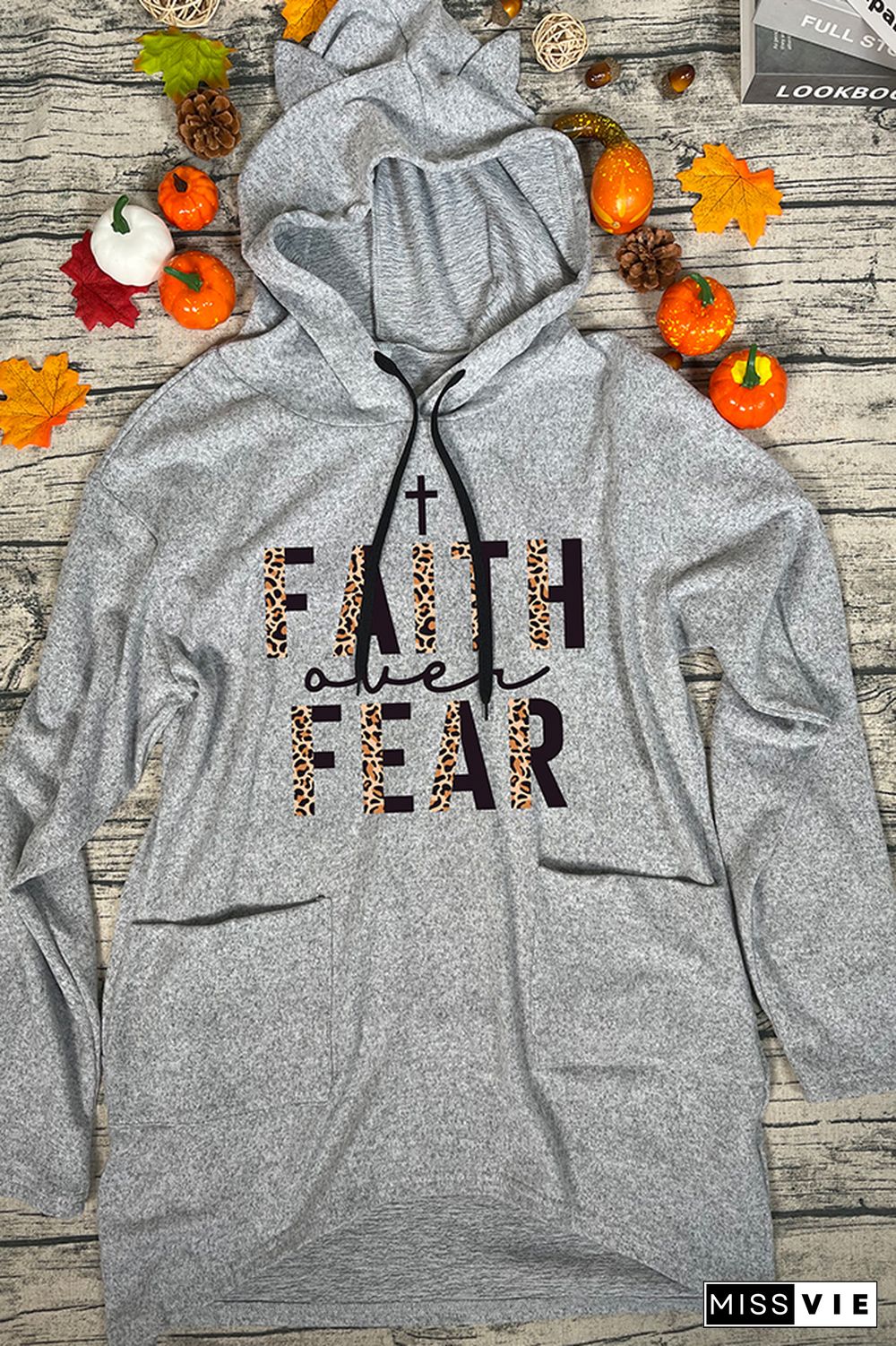 Faith Over Fear Half Leopard Black Print Pockets Hooded Dress Wholesale