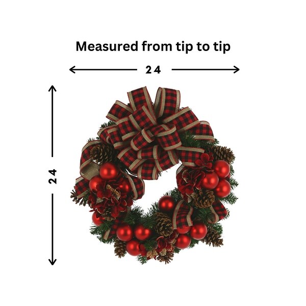 24 Christmas Holiday Evergreen Wreath with Large Plaid Bow and Pinecones