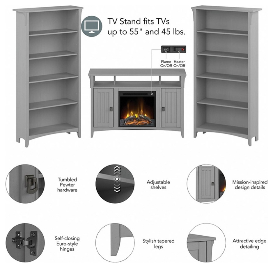 Salinas Fireplace TV Stand with Bookcases in Cape Cod Gray   Engineered Wood   Transitional   Entertainment Centers And Tv Stands   by Homesquare  Houzz