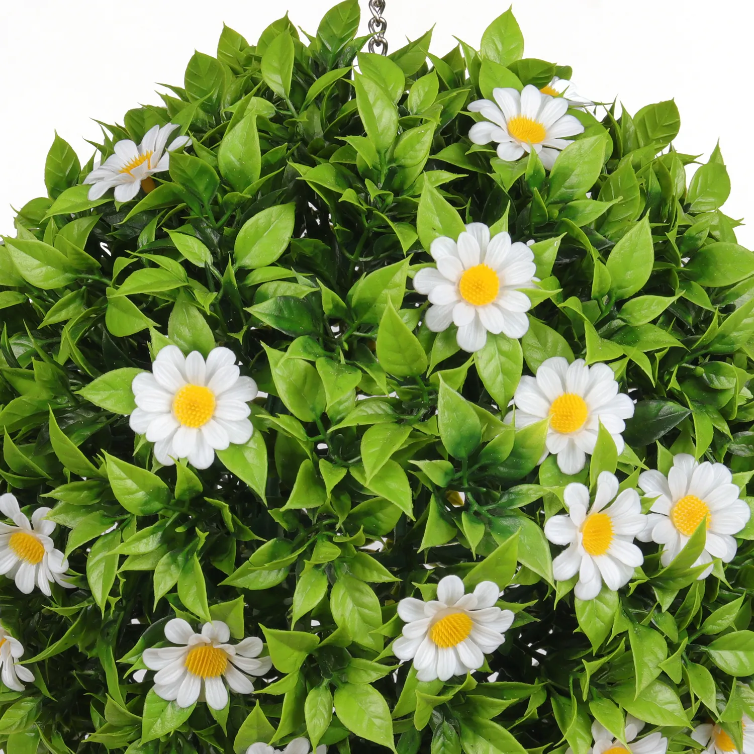 W5 Garden Supplies White Daisy Flower with Green Leaves Hanging Topiary Artificial Grass Ball for Home Garden Decor