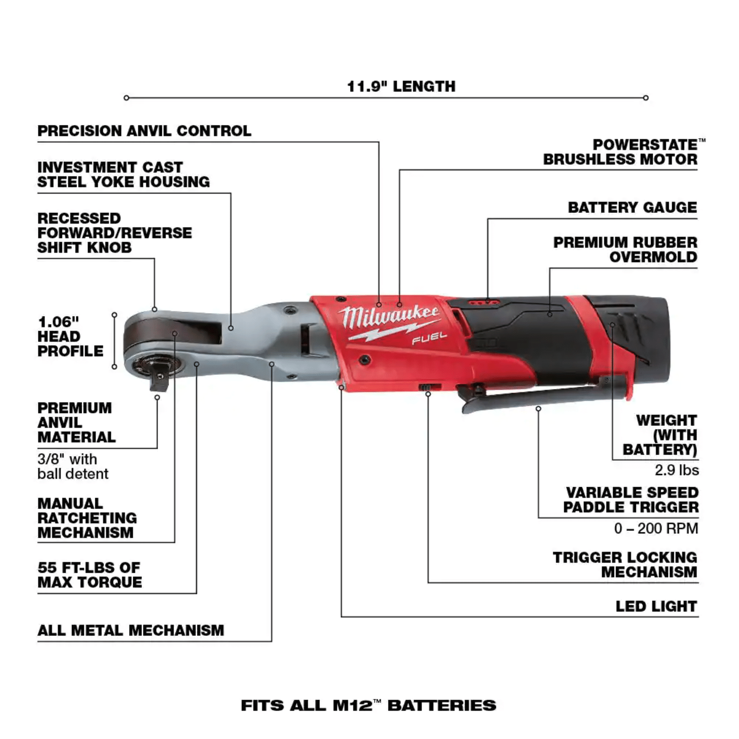 Milwaukee M12 Fuel 12-Volt Lithium-Ion Brushless Cordless 3/8 in. Ratchet Kit with (2) 2.0Ah Batteries， Charger and Tool Bag (2557-22)