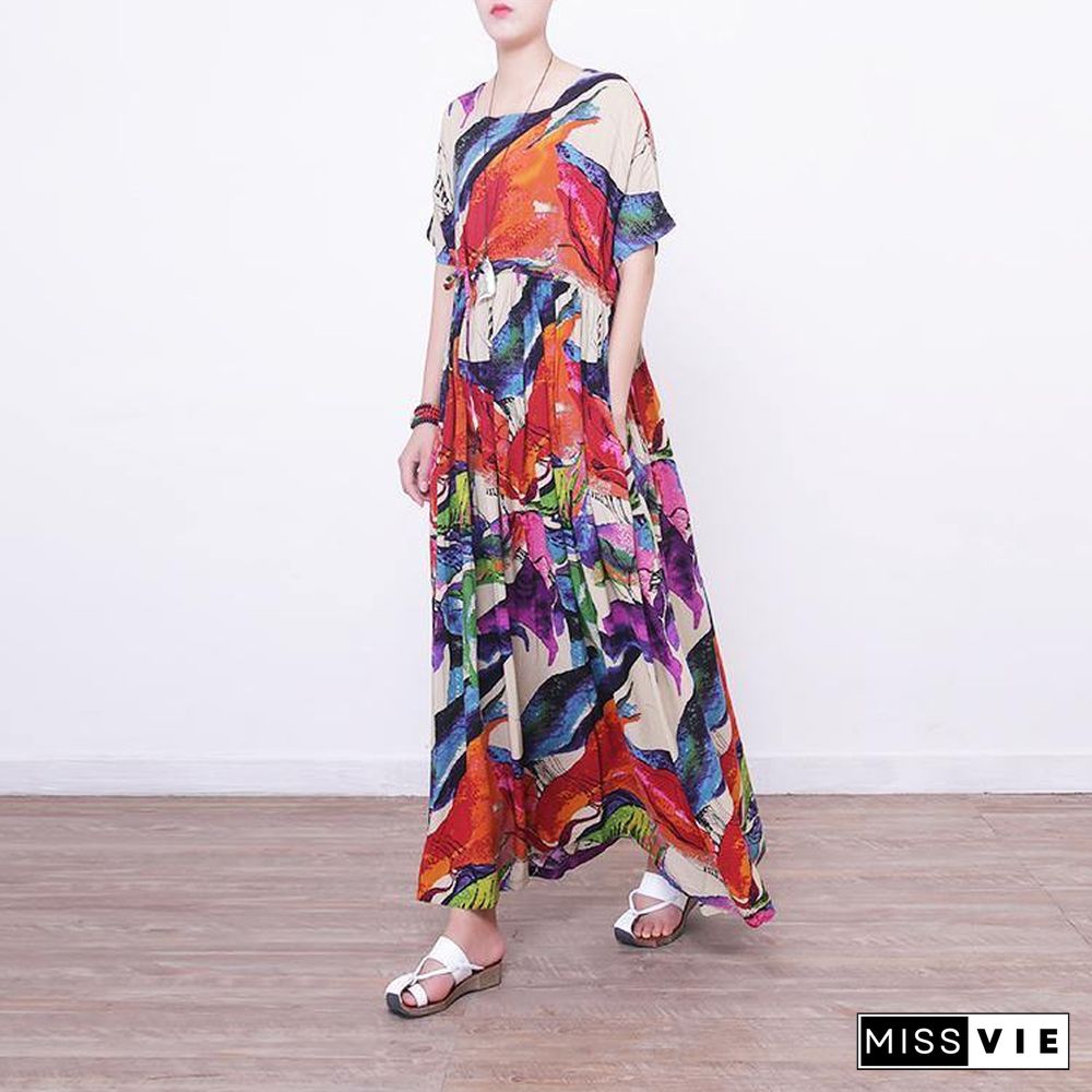 2018 prints linen maxi dress oversize o neck linen maxi dress Elegant short sleeve maxi dresses