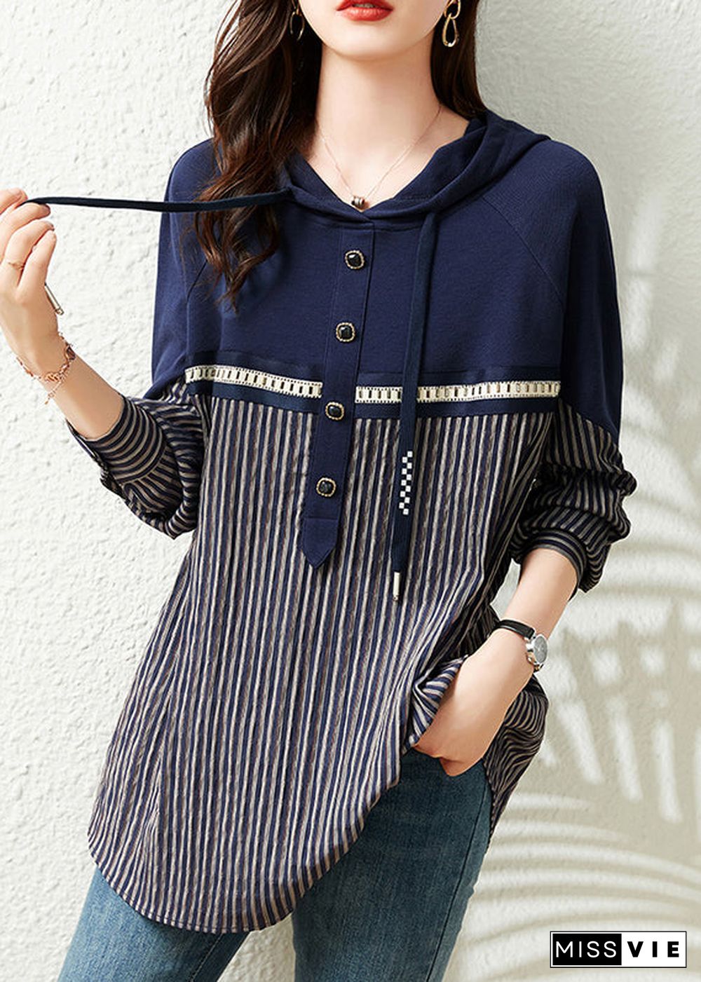 Loose Navy Neck Tie Striped Patchwork Hooded Sweatshirts Long Sleeve