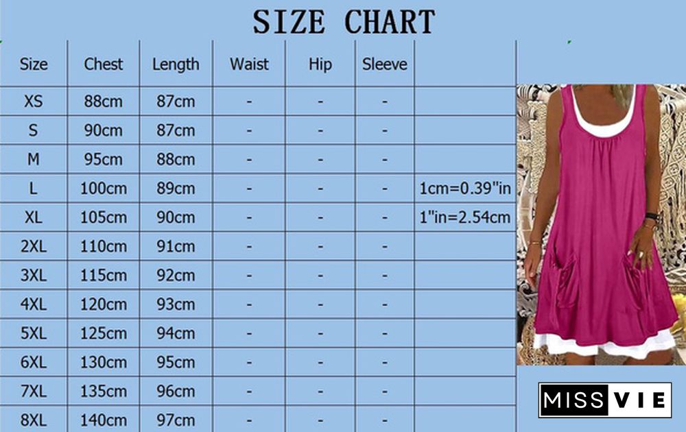 Xs-8Xl Summer Dress Plus Size Fashion Clothes Women's Casual Beach Wear Sleeveless Tank Top Dresses With Pockets Ladies Off Shoulder Stiching Layered Party Dress O-Neck Cotton Blending Loose Dress