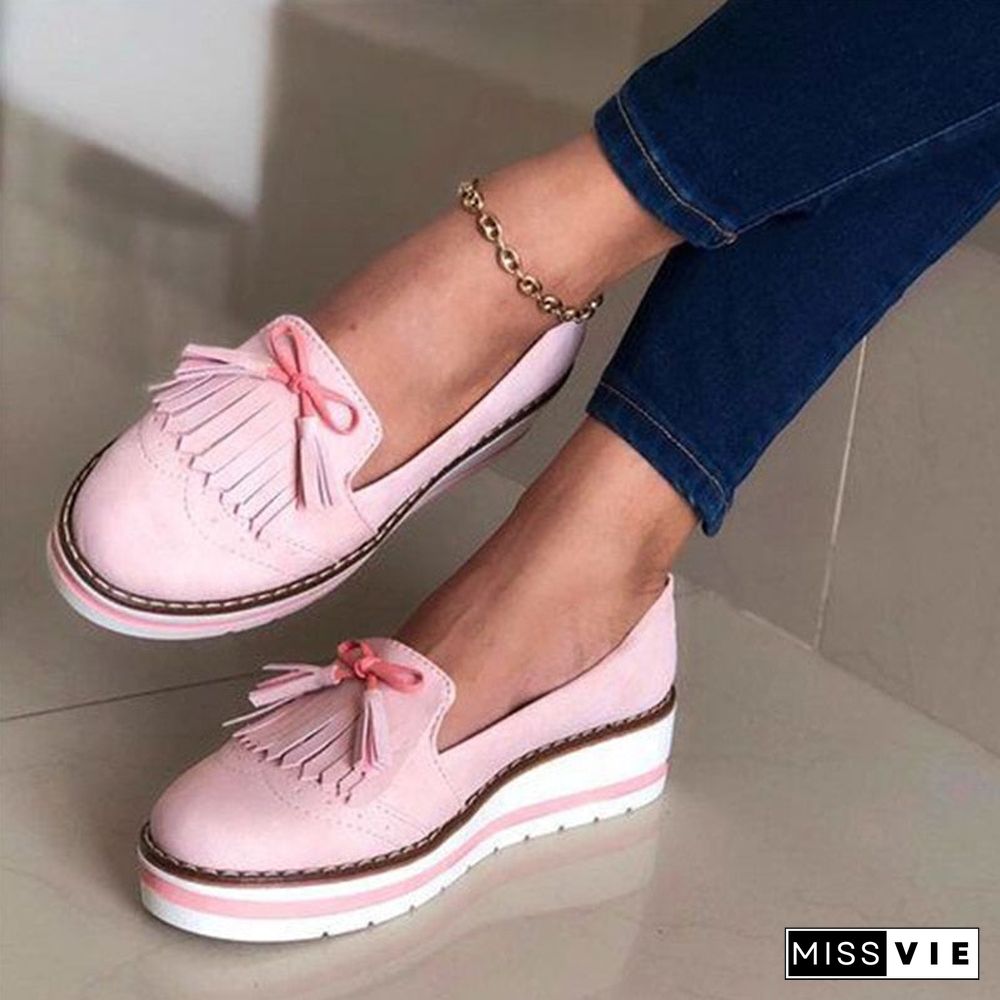 Women Tassel Bowtie Loafers Woman Slip On Sneakers Ladies Soft PU Leather Sewing Flat Platform Female Shoes All Seasons New