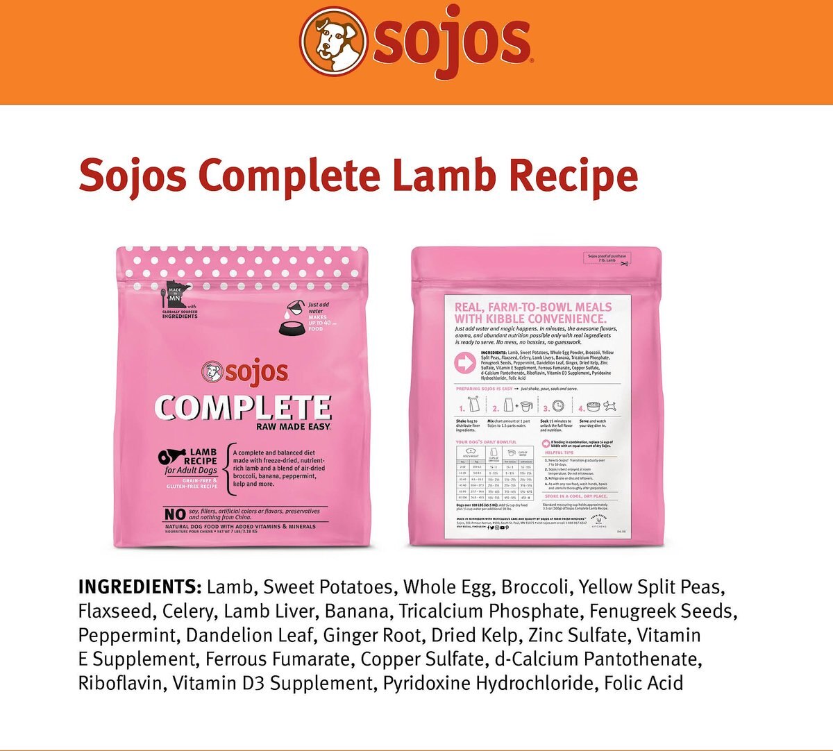 Sojos Complete Lamb Recipe Adult Grain-Free Freeze-Dried Dehydrated Dog Food