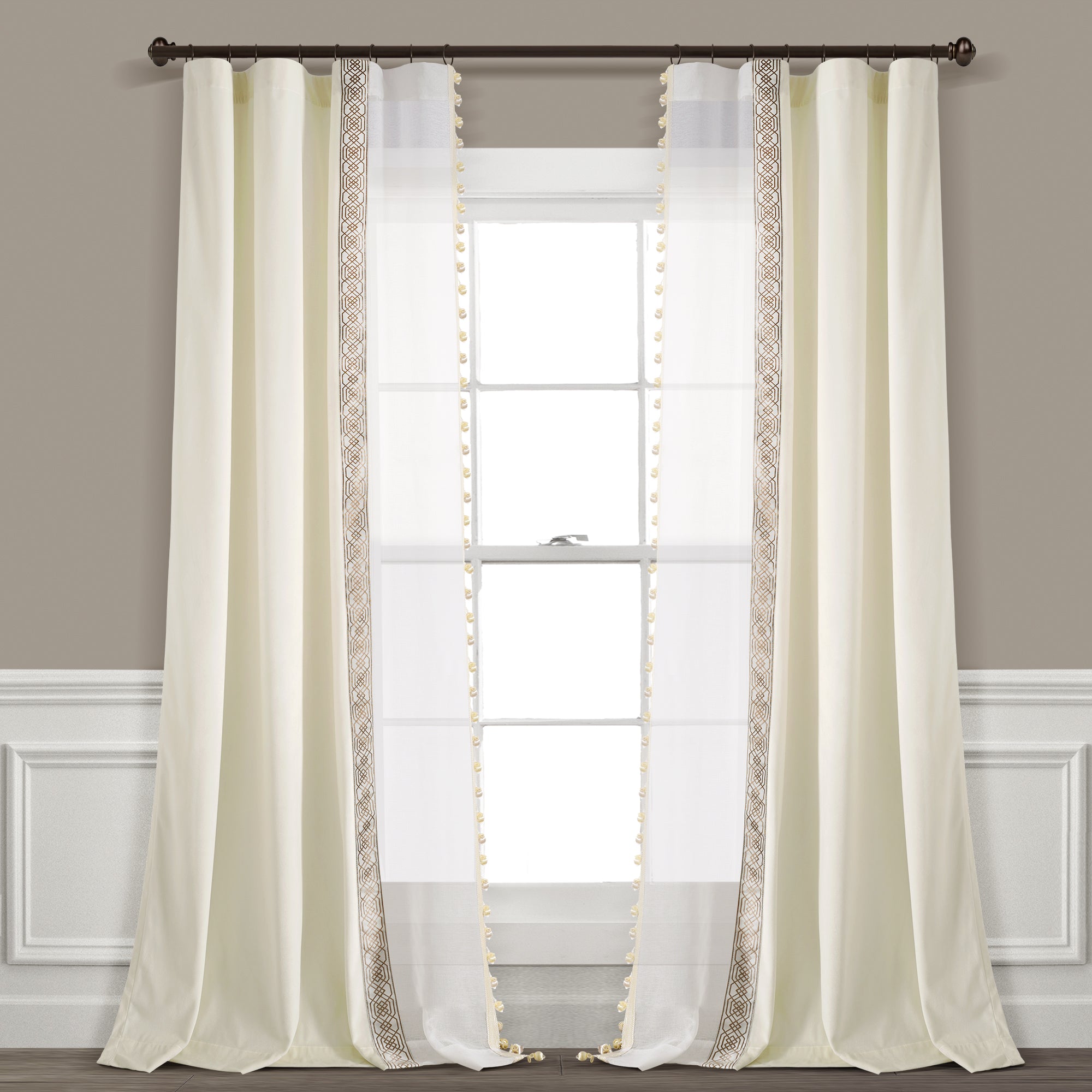 Luxury Vintage Velvet & Sheer With Border Pompom Trim Window Curtain Panel