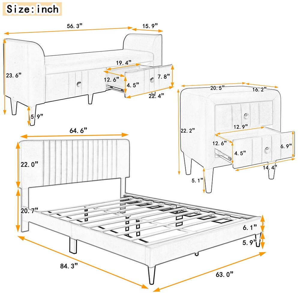 4 Piece Bedroom Set  Queen Size Upholstered Platform Bed  Storage Bench and Nightstands Set of 2  for Living Room Bed Room