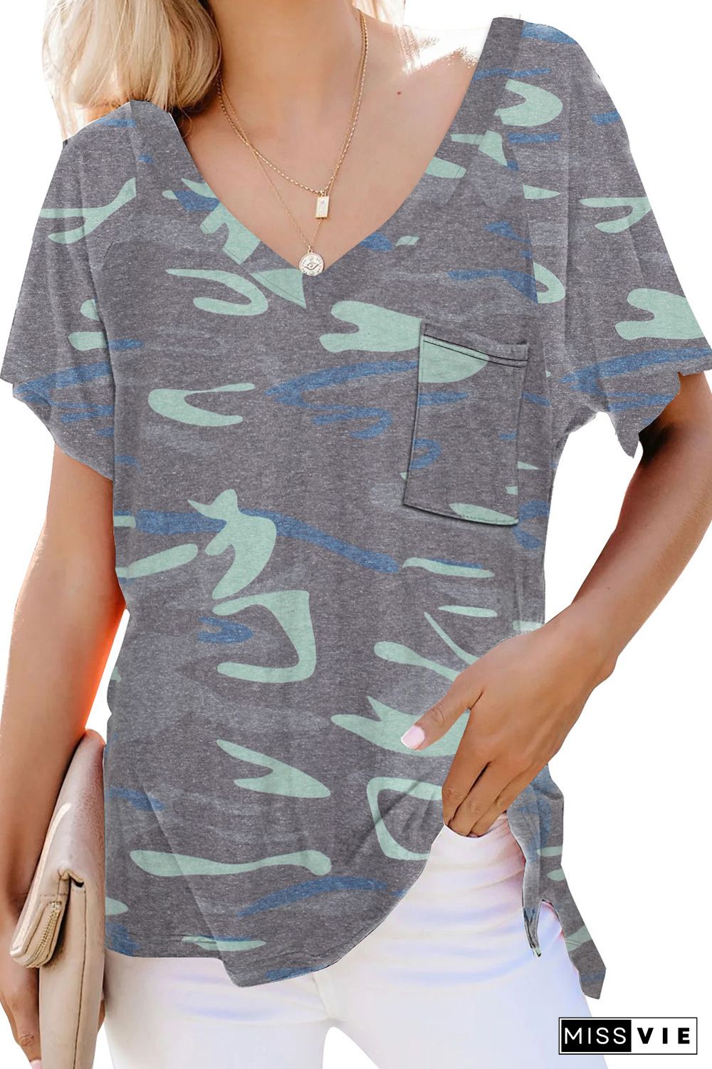 V Neck Front Pocket Camo Tee