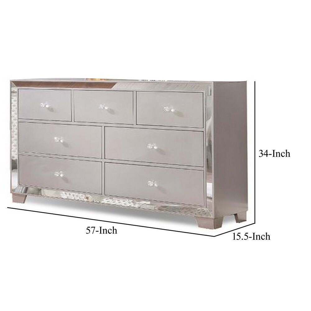 Eli 57 Inch Deluxe 7 Drawer Dresser  Mirrored Trim  Wood Frame  Silver