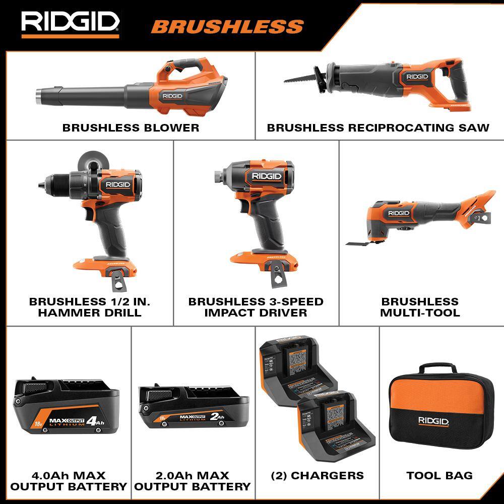 RIDGID 18V Brushless Cordless Battery 510 CFM 110 MPH Blower and 4-Tool Combo Kit with (2) MAX Output Batteries and Charger R01601B-R9226