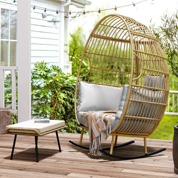 Moasis Outdoor Rocking Egg Chair，AllWeather Wicker Patio Rocking Basket Chair with Cushions