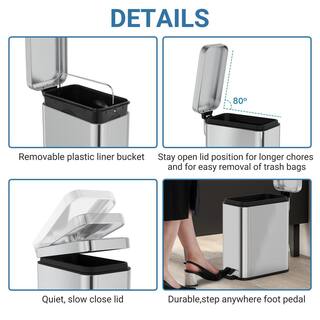 Innovaze 1.3 Gal. Slim Trash Can Stainless Steel Step On Bathroom and Office Garbage Can in Brilliant Silver Finish MGCS-AS2205