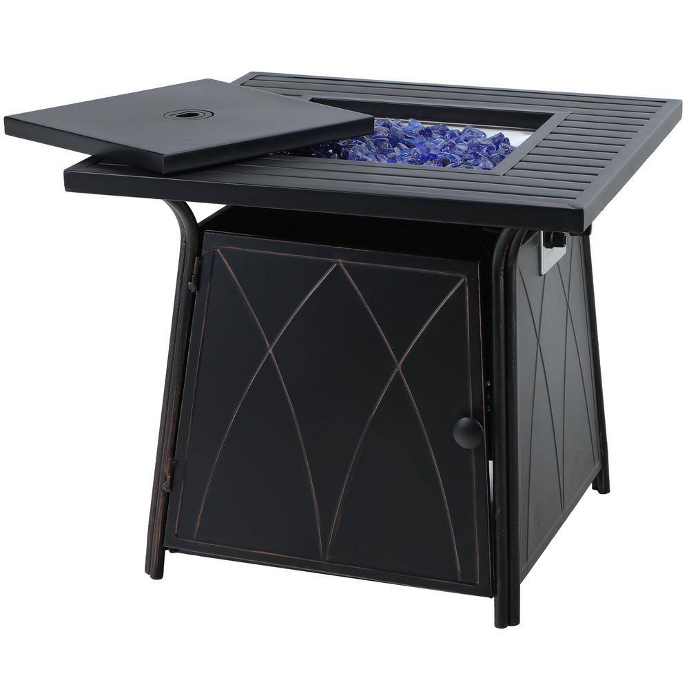 PHI VILLA 28.3 in. x 24.8 in. 50000 BTU Square Metal Gas Fire Pit Table with Lid and Blue Fire Glass THD-E02GS001