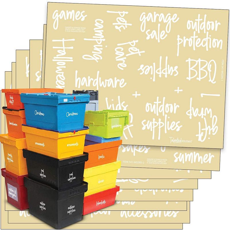 Talented Kitchen 136 Storage Room and Garage Organization Labels. White Script Preprinted Labels. Water Resistant Black on Clear Stickers. Organization System Labels for Bins and Boxes Holiday and Essential