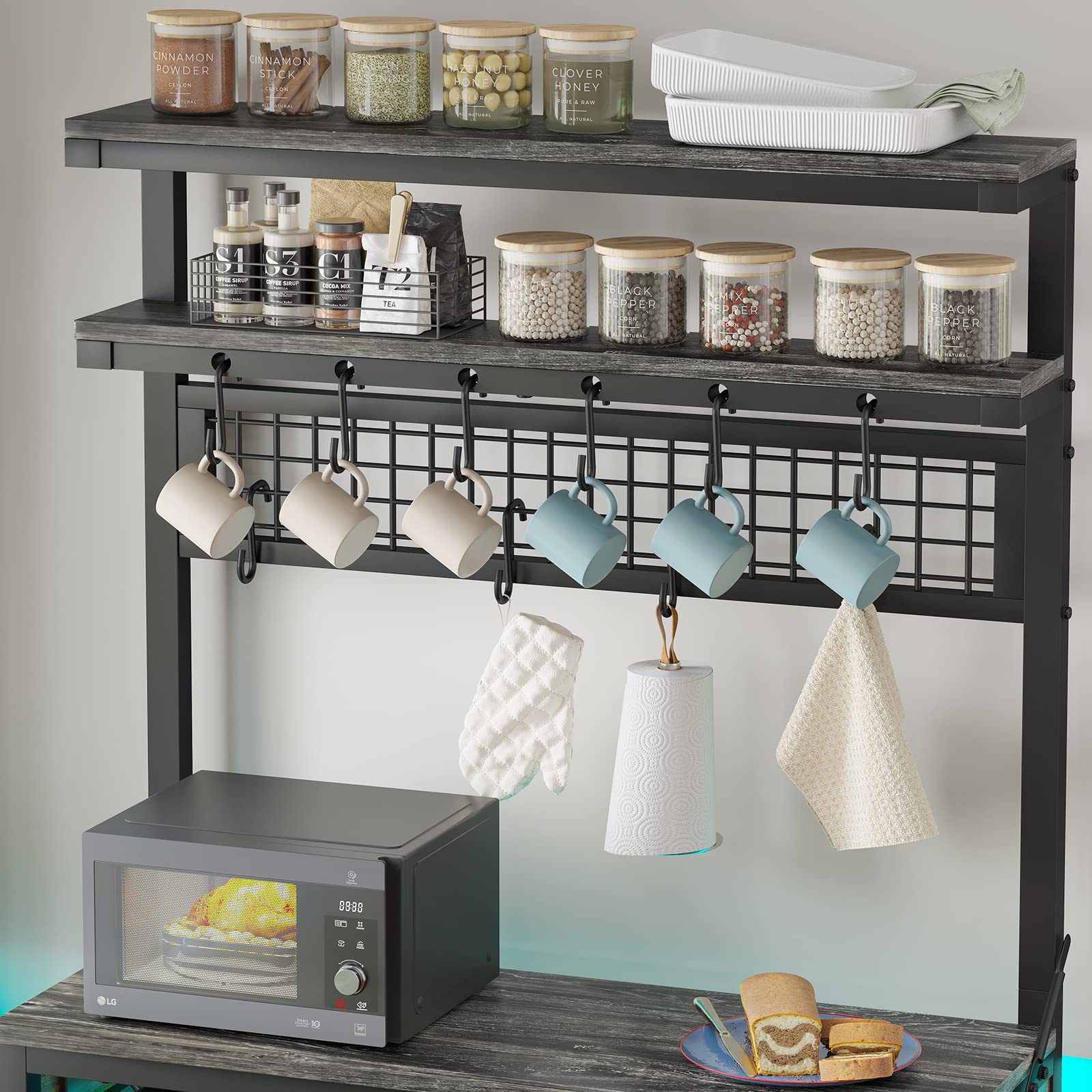 Bakers Rack with Power Outlet and LED Lights， 6-Tier Bakers Racks for Kitchens with Storage，Coffee Bar，Microwave Stand with Wine Rack and10 Hooks，Grey