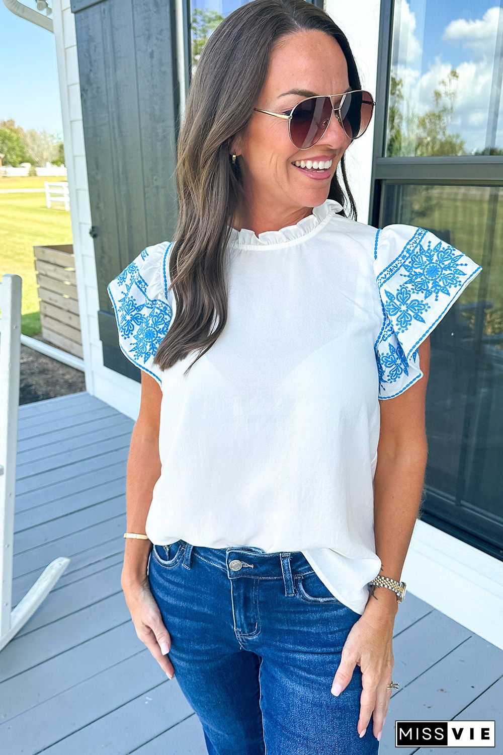 White Embroidered Ruffled Sleeve Frilled Collar Blouse