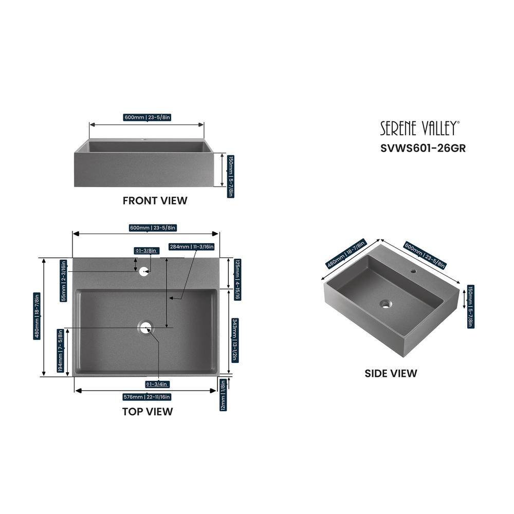 SERENE VALLEY 26 in. Single Faucet Hole Wall-Mount Install or On Countertop Bathroom Sink in Matte Gray SVWS601-26GR