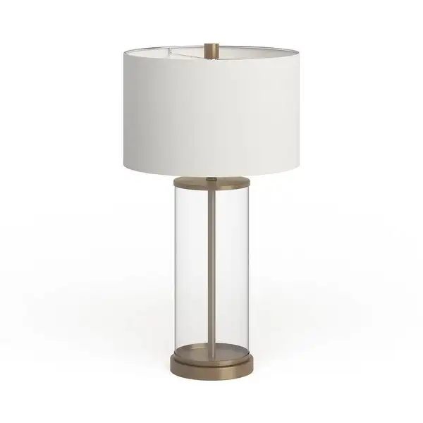 Reeves Cylindrical Clear Glass and Antique Brass Table Lamp with Linen Shade