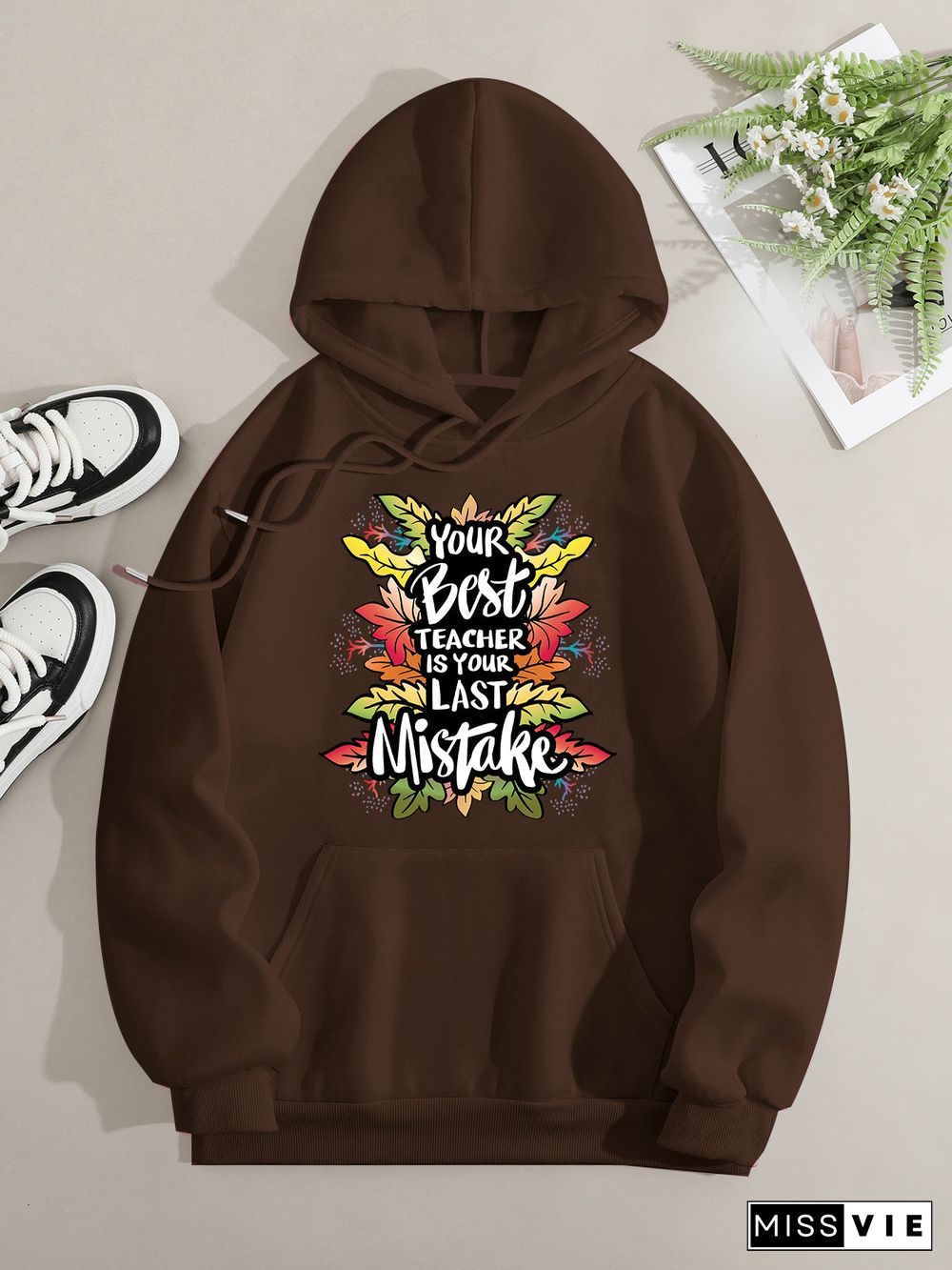 Printed on front Kangaroo Pocket Hoodie Long Sleeve for Women Pattern your best teacher is your last mistake