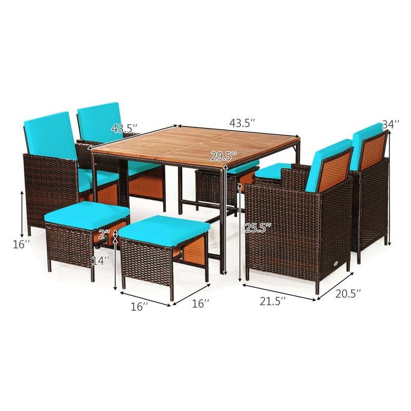 9 Pcs Rattan Wicker Outdoor Patio Dining Set with Acacia Wood Dining table, 4 Ottomans, 4 Cushioned Armchairs