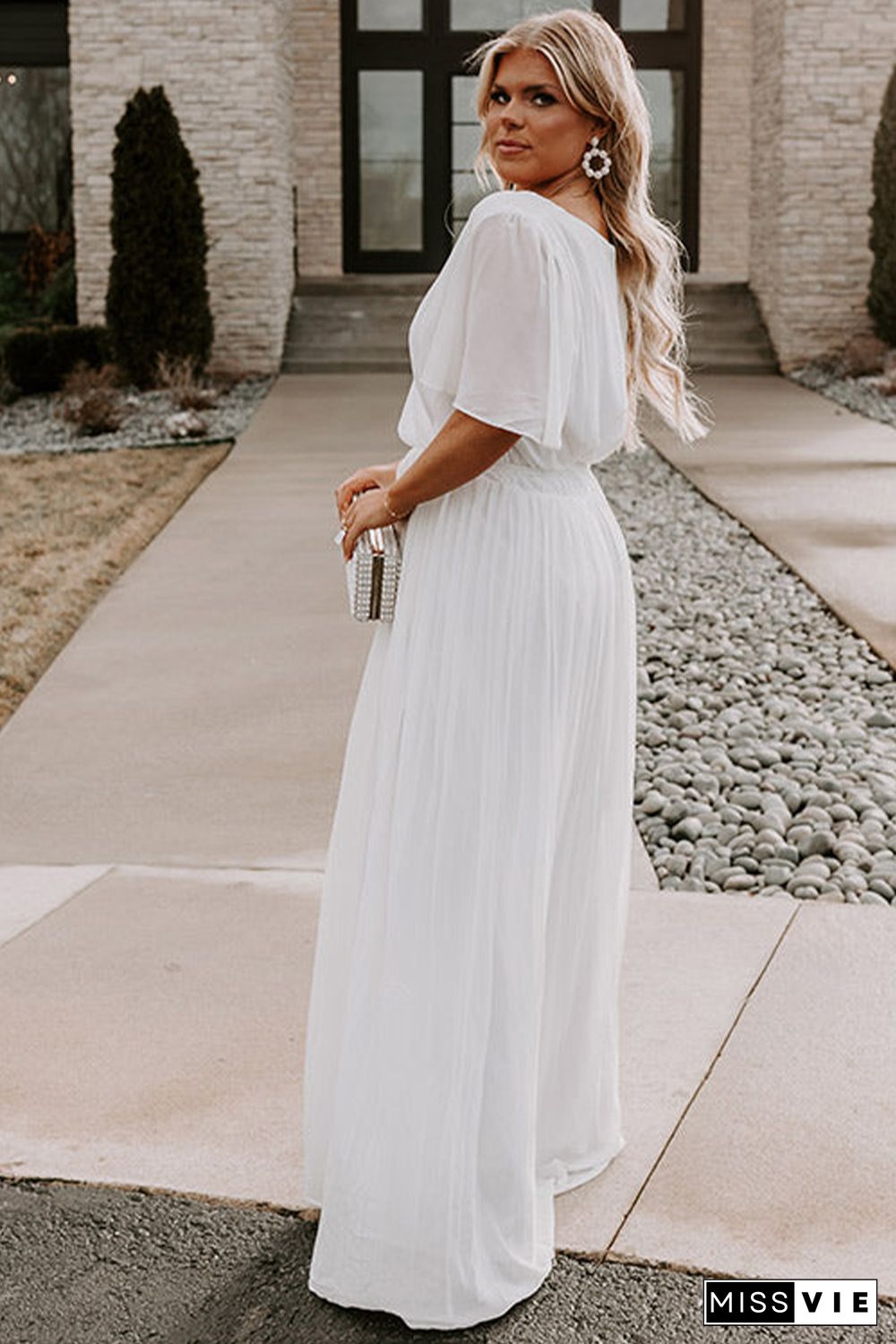 White Wrap V Neck Belted Plus Size Flowy Maxi Dress