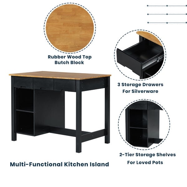 Farmhouse Kitchen Island set， including 2 stools and dining table with lockers， drawers and fallen leaves