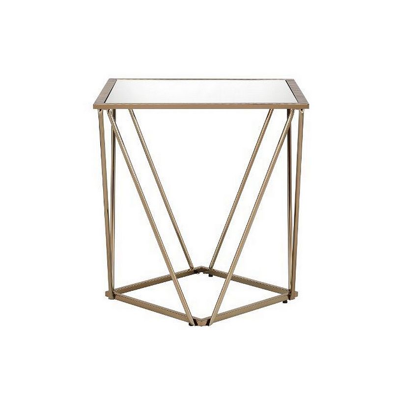 End Table with Mirror Top and Open Geometric Base， Champagne Gold