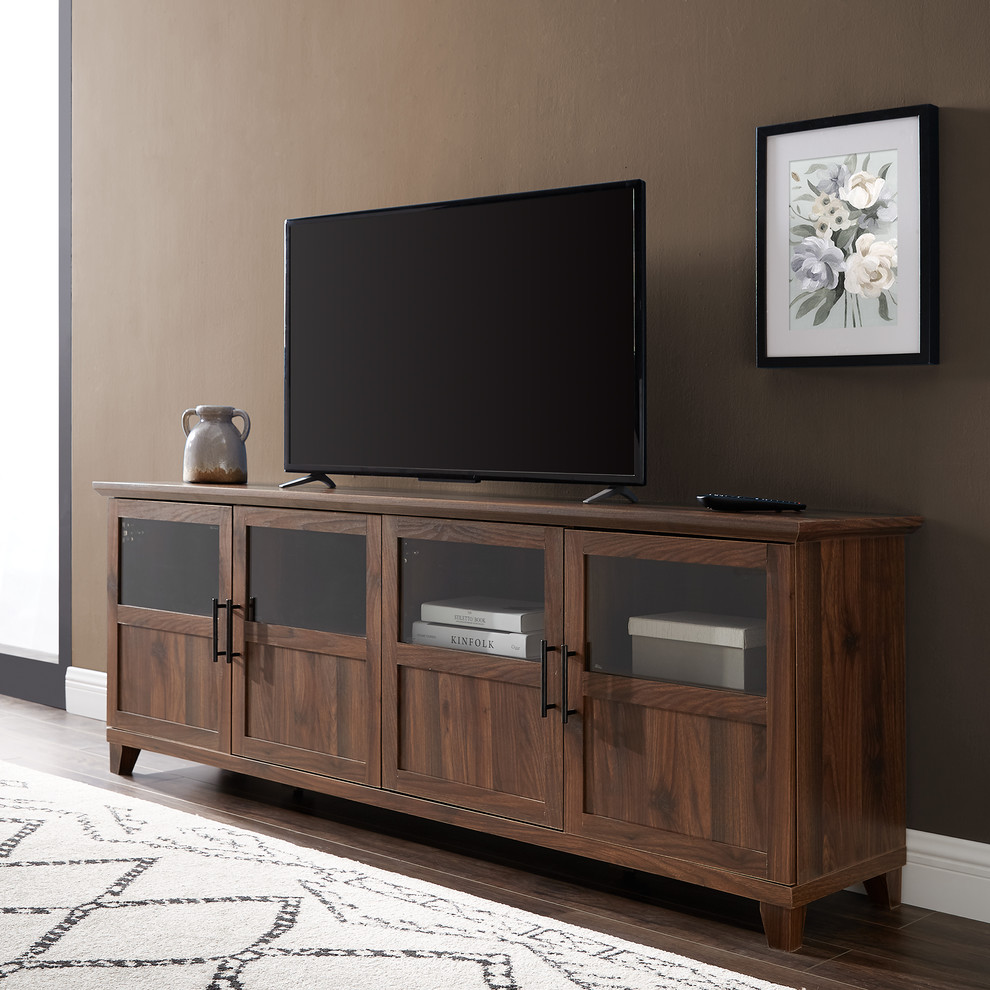 70 quotTV Console With Glass and Wood Panel Doors  Dark Walnut   Transitional   Entertainment Centers And Tv Stands   by Walker Edison  Houzz