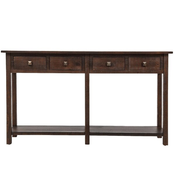 Rustic Brushed Texture Console Table with 4 Drawers and Bottom Shelf