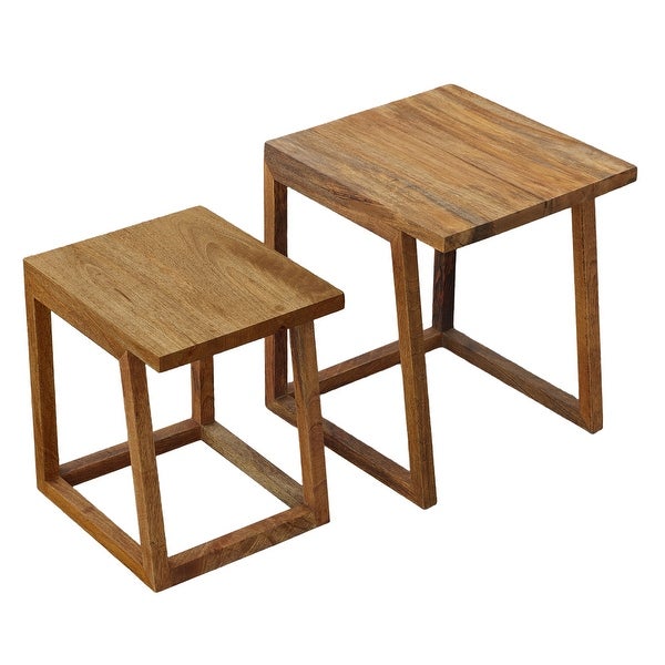 18， 15 Inch Rectangular 2 Piece Mango Wood Nesting Side Table Set with Grain Details， Brown