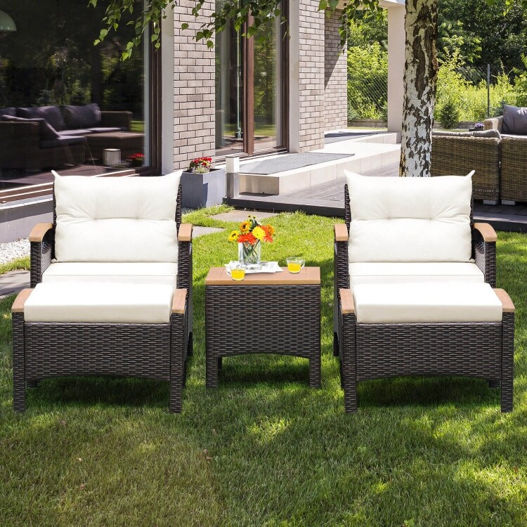 5 Pieces Patio Conversation Set with Cushions Coffee Table and 2 Ottomans   25\