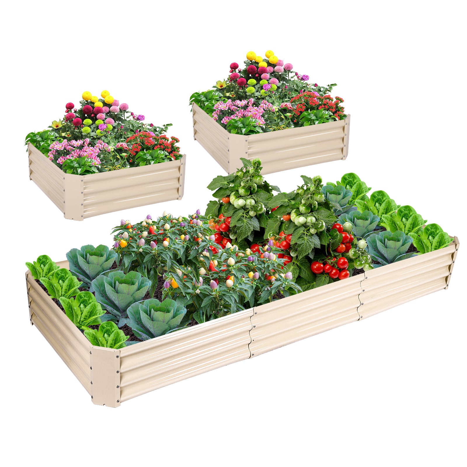 Tramull Galvanized Raised Garden Bed Rectangular Metal Corrugated Planter Box Kit Outdoor for Vegetables Flowers Herbs, Adjustable for Different Combinations, 2 Packs or 3 Packs, Light Ivory, 12"Tall