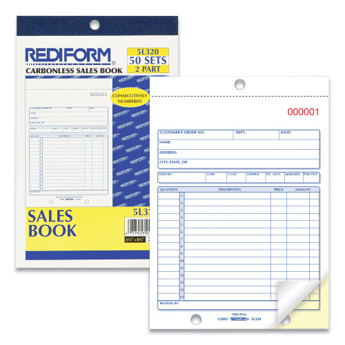 Rediform Sales Book， Two-Part Carbonless， 5.5 x 7.88， 1/Page， 50 Forms (5L320)