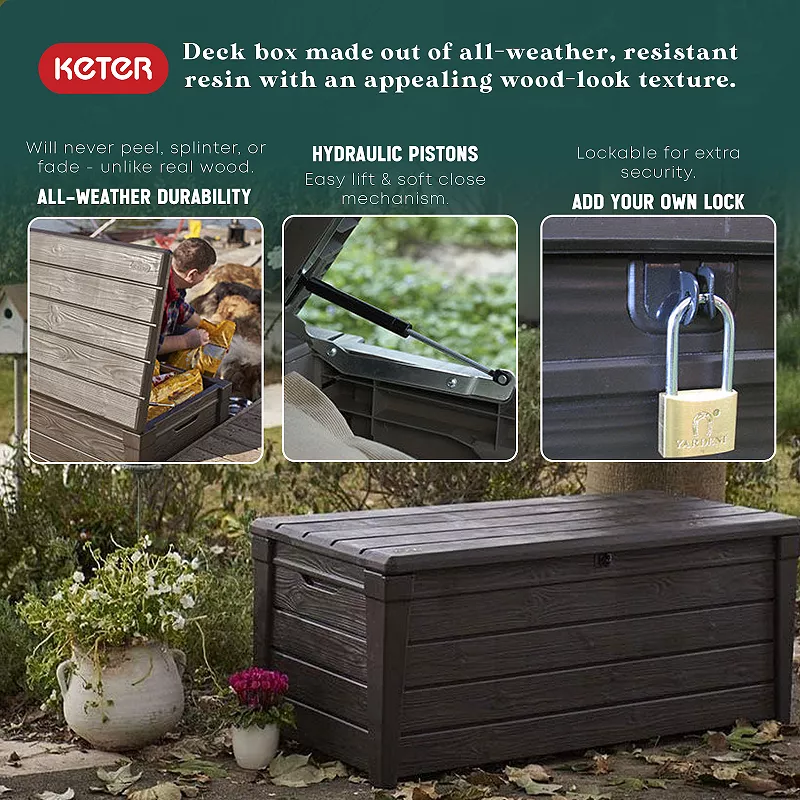 Keter Brightwood 120gal Weatherproof Resin Patio Deck Storage Box Bench， Brown