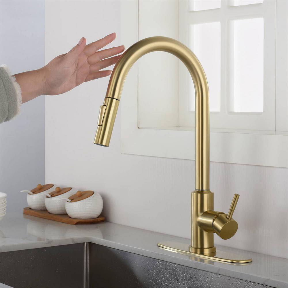 FLG Single Handle Touch On Pull Down Sprayer Kitchen Faucet with Pull Out Spray Wand Stainless Steel Taps in Brushed Gold DD-0027-BG