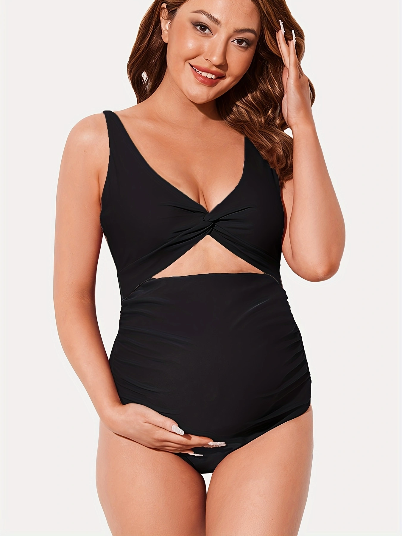 Maternity Cutout One Piece Swimsuit Twist Front Criss-Cross Bathing Suit High Waisted Pregnancy Swimwear