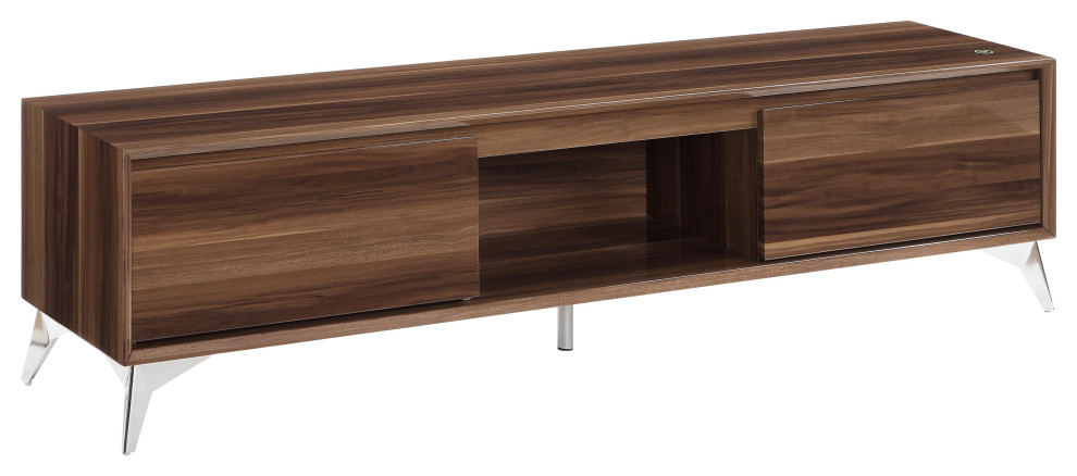 ACME Raceloma TV stand  in LED  Walnut  ampChrome Finish   Midcentury   Entertainment Centers And Tv Stands   by Homesquare  Houzz