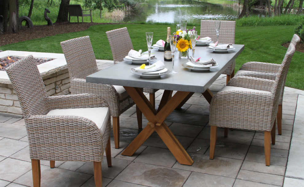 Teak and Ash Wicker Dining Armchairs With Sunbrella  Set of 2   Tropical   Outdoor Dining Chairs   by Outdoor Interiors  Houzz