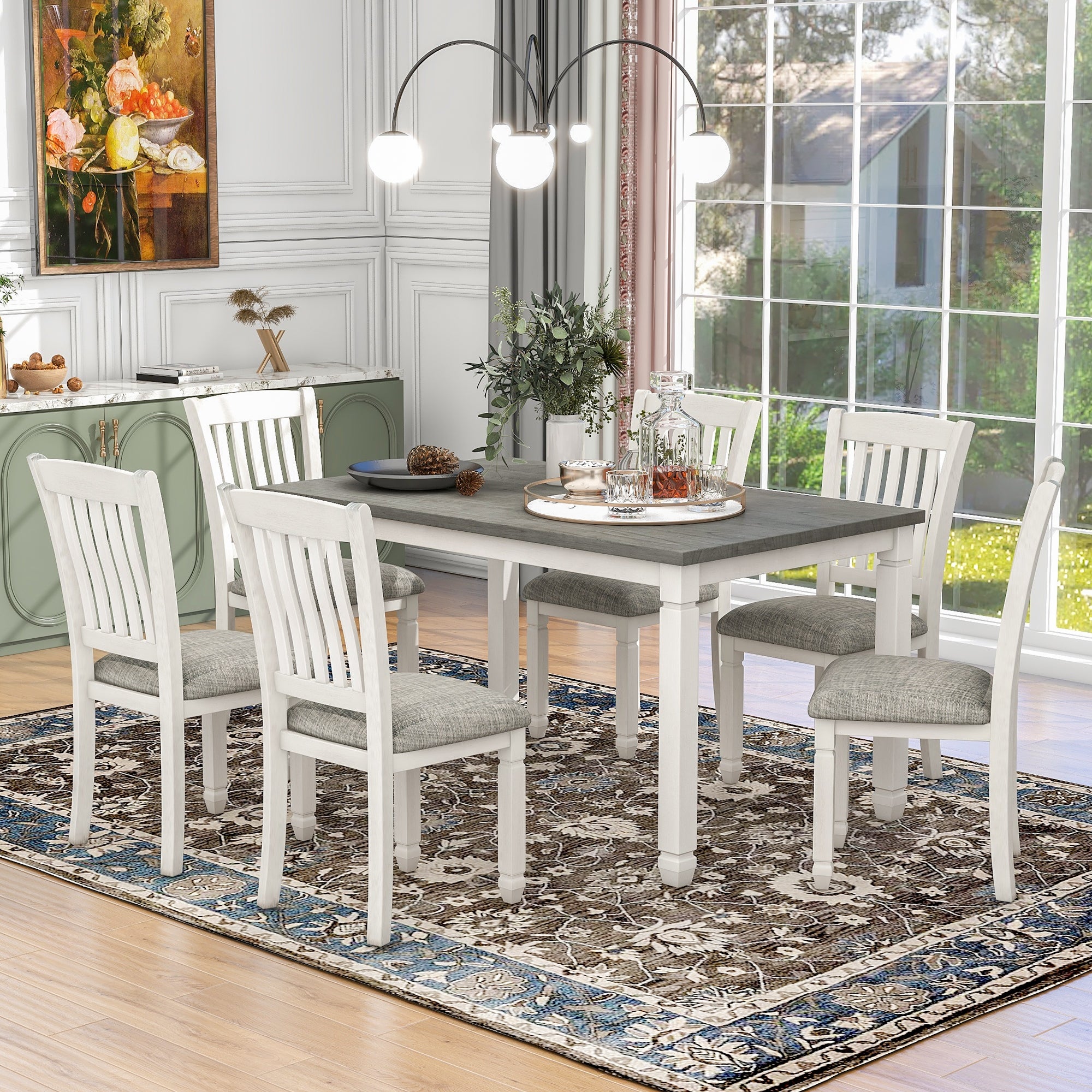 Wood Dining Table and 6 Upholstered Chairs (Gray+White)