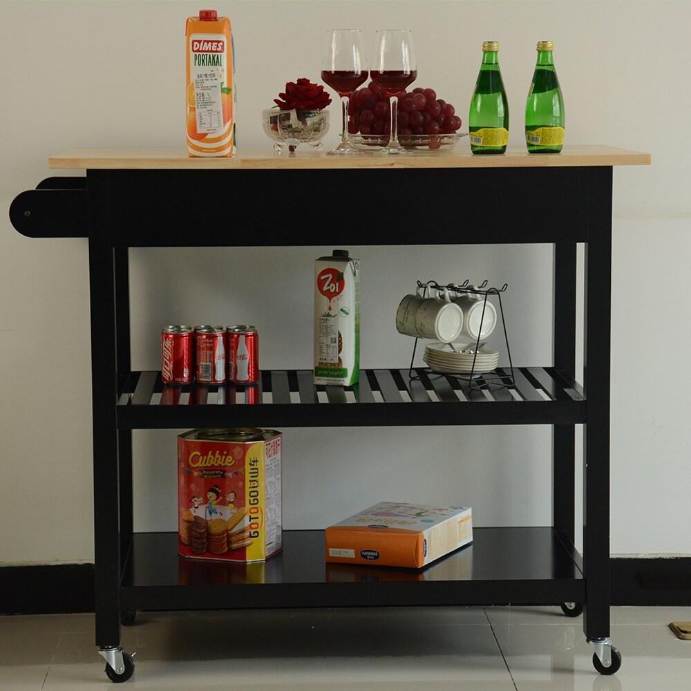 Black Rolling Kitchen Island Cart with Towel Rack/Handles  Sideboards