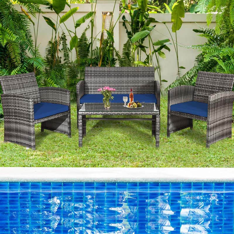 4 Pcs Rattan Wicker Patio Furniture Sets, Outdoor Conversation Sets with Loveseat, Table, Single Sofas