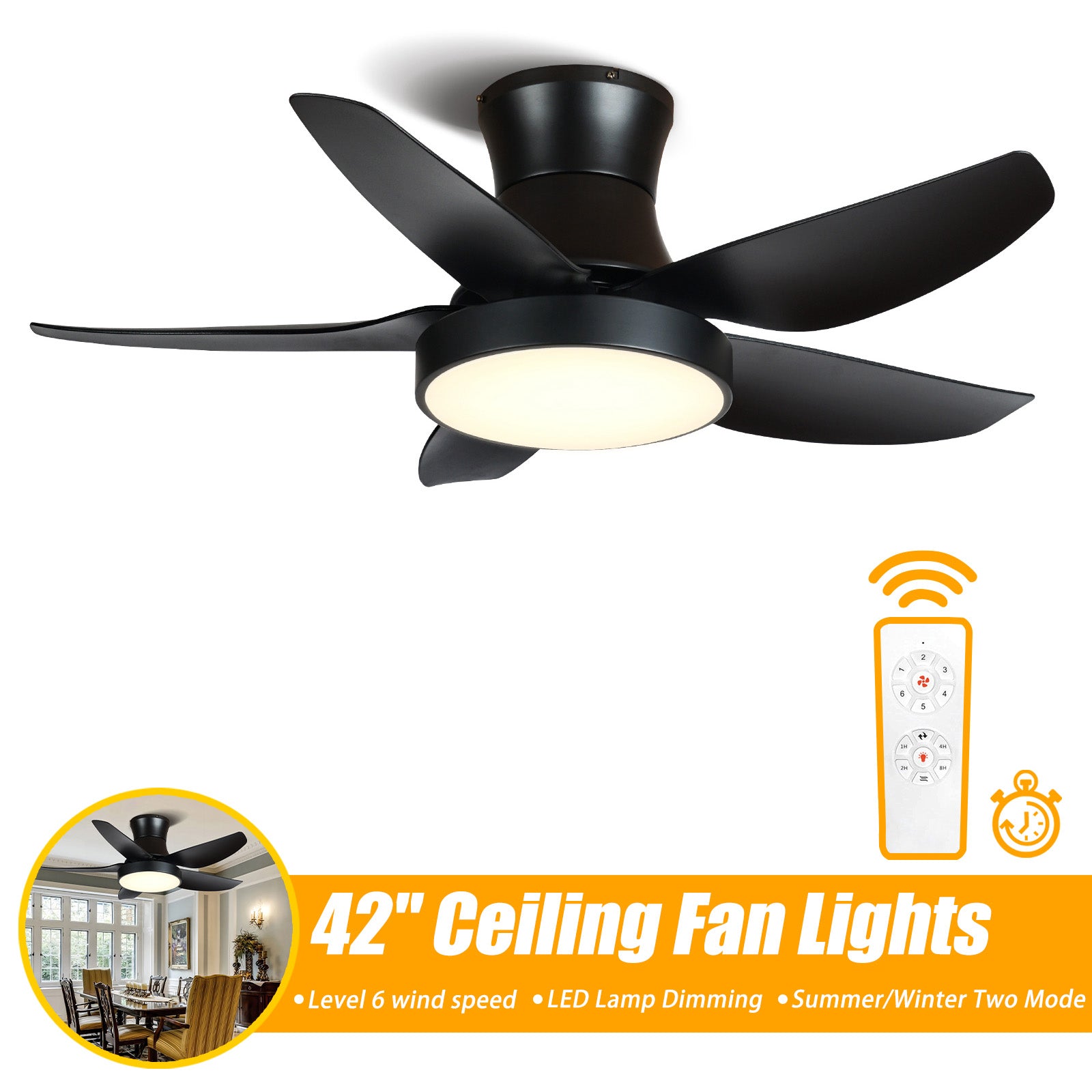 42'' Ceiling Fan with Lights and Remote，5 Blades Matte Black Ceiling Fan， Reverse Airflow