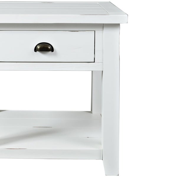 Wooden End Table with Open Shelf， Weathered White