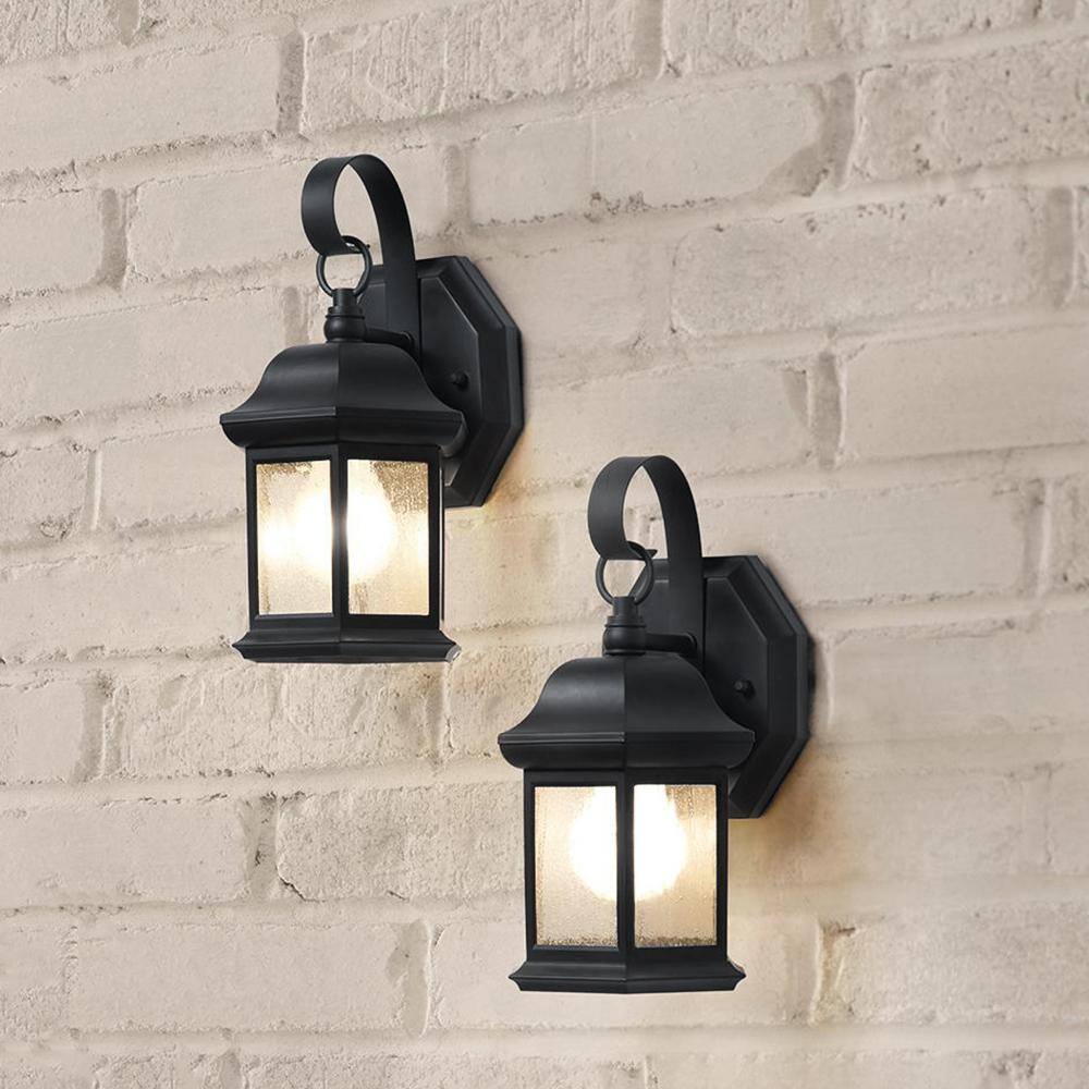 Hampton Bay 1-Light Black Outdoor Wall Light Fixture with Seeded Glass (2-Pack) KB T0784