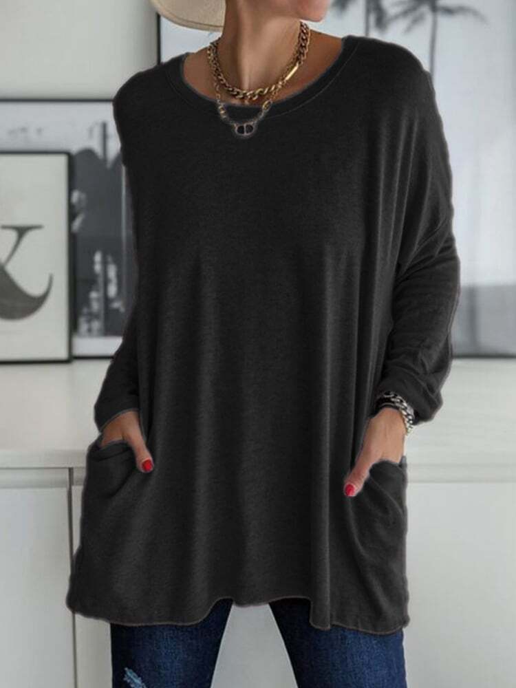 Solid Pocket Round Neck Long Sleeve T-Shirt