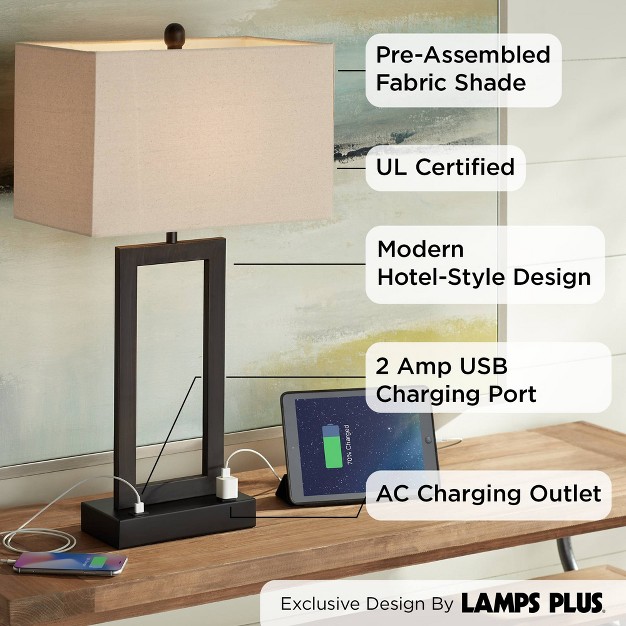 Tall Bronze Rectangular With Usb And Ac Power Outlet In Base Oatmeal Fabric Shade For Living Room Office House