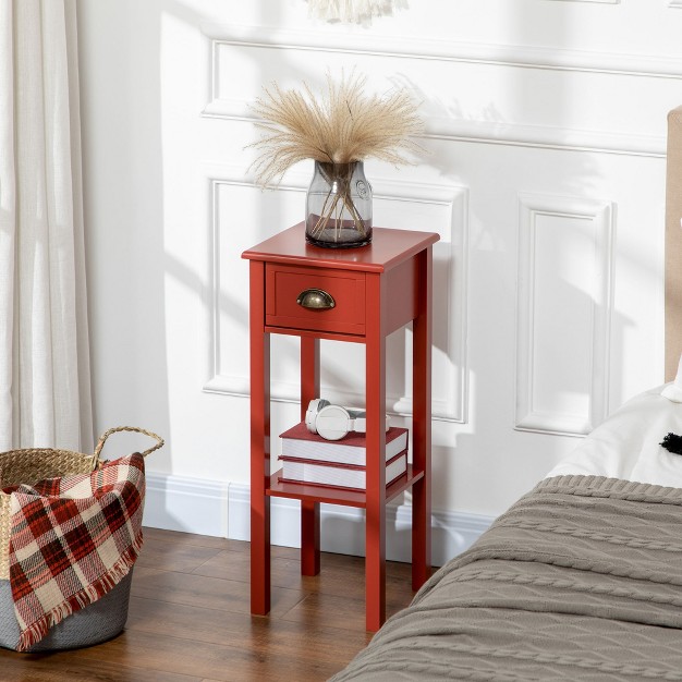 Homcom 2 tier Side Table With Drawer Narrow End Table With Bottom Shelf For Living Room Or Bedroom Set Of 2 Red