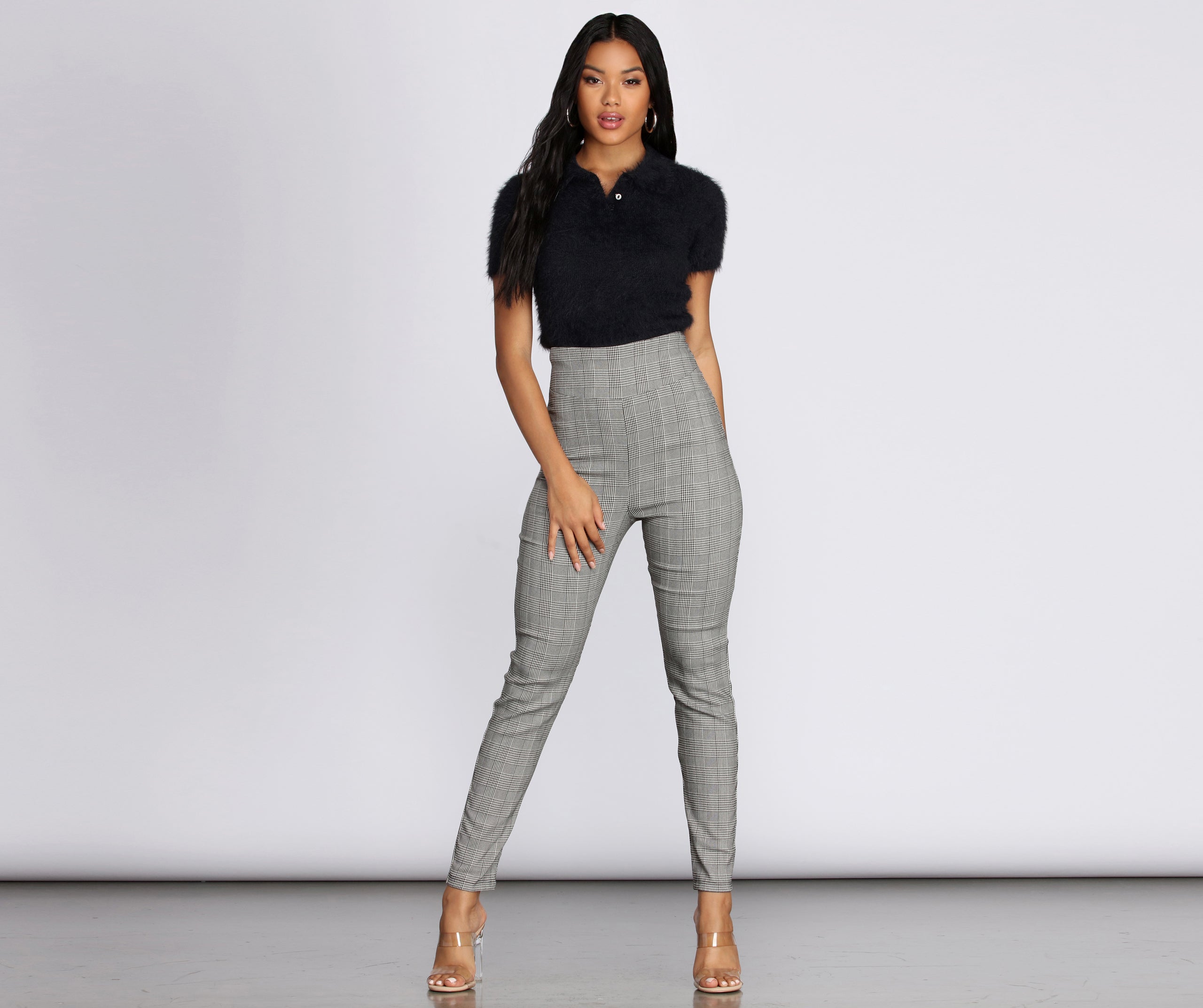 High Waist Glen Plaid Fitted Pants